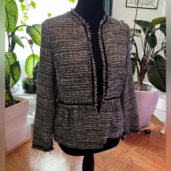 Zara Tweed Blazer, Buttonless, Black Piping, Small - Picture 2 of 12